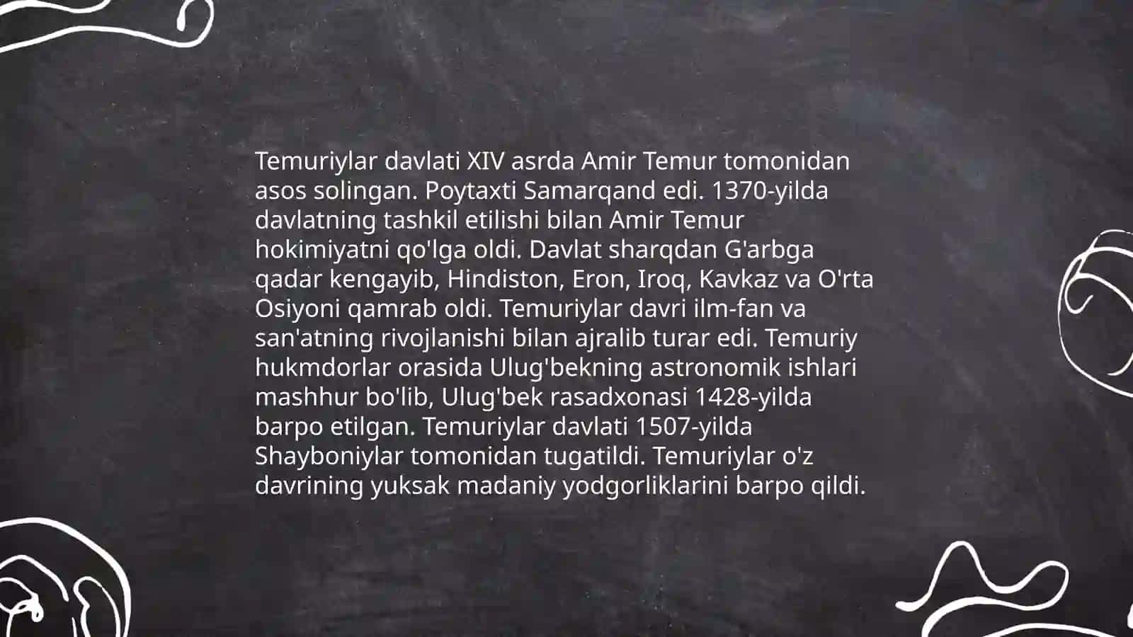 Olim Xoʻjayev nomli 1 sonli maktabning 8-"B" sinf oʻquvchisi Shamsiddinov Azizbekning Oʻzbekiston tarixidan loyiha ishi 4