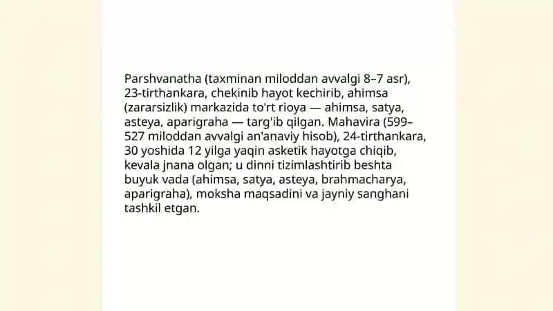 Jayniylik dinining vujudga kelishi va uning asosiy ta'limotini yoritib bering 4