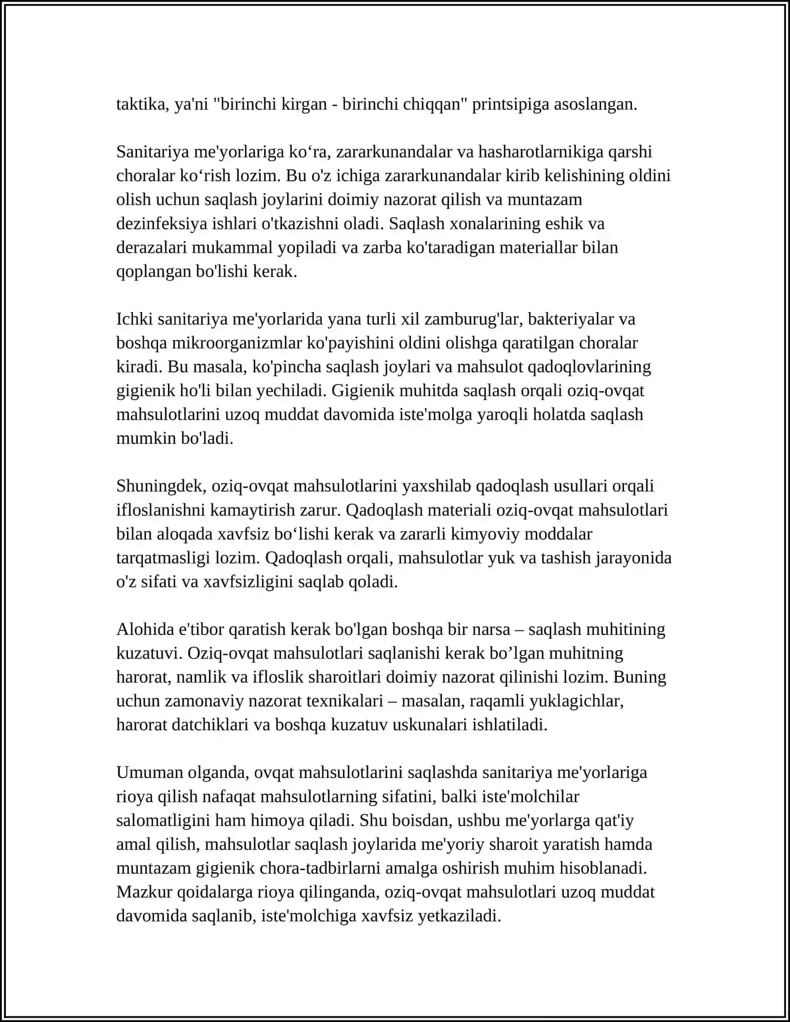 OZIQ OVQAT MAHSULOTLARINI SAQLASHDA SANITARIYA VA GIGENIYANING O'RNI 4
