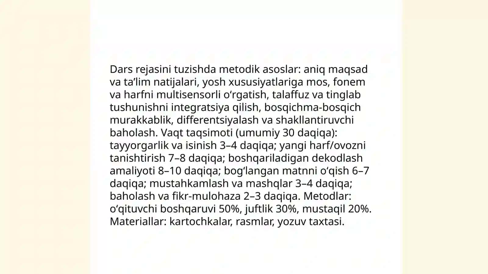 Savod órgatishning asosiy davri óqish darsim uchun metodik tavsiyalar ishlab chiqish 4