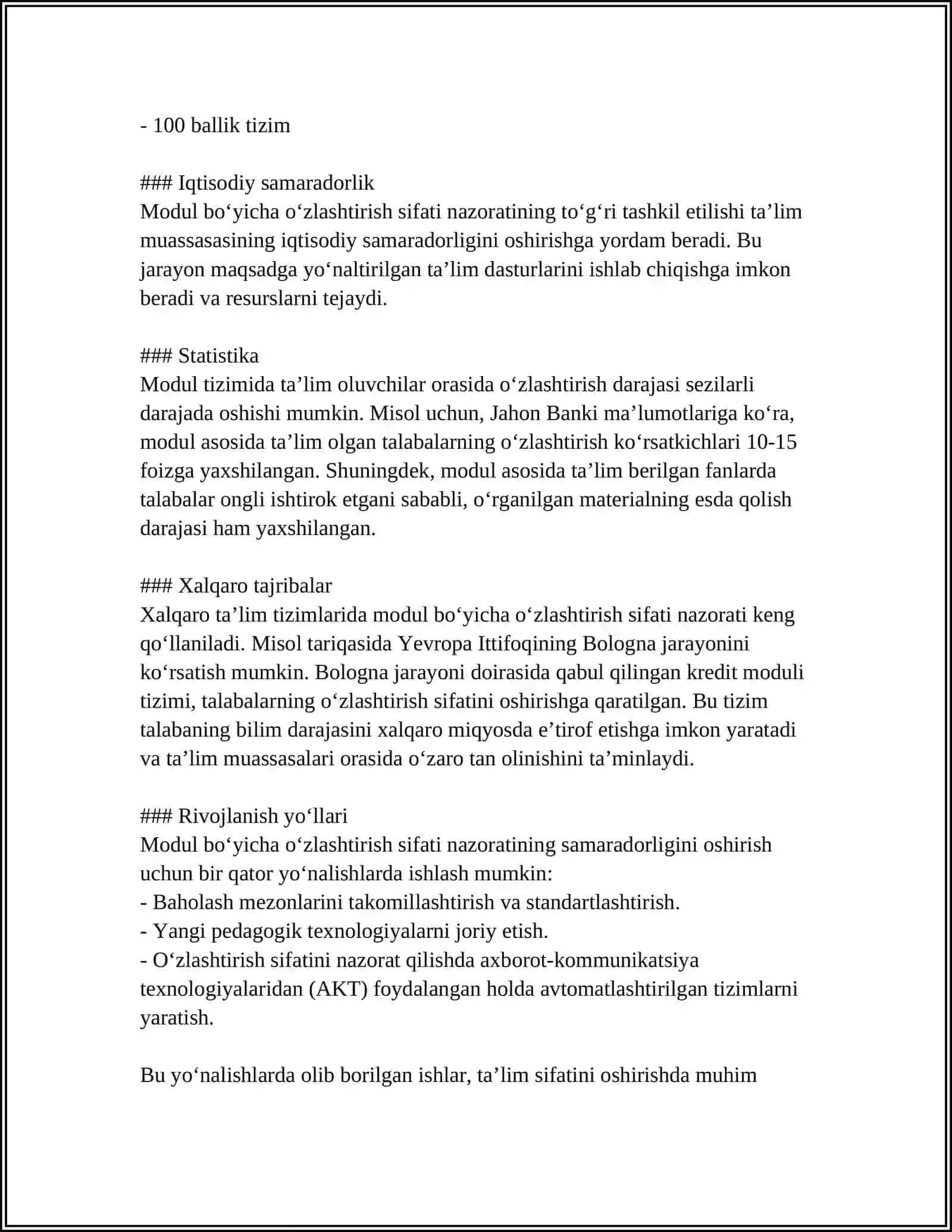 MODUL BOʻYICHA OʻZLASHTIRISH SIFATINI BAHOLASH VA OʻQUV JARAYONINI REJALASHTIRISH,MONITORING OLIB BORISH VA TAʼLIM SIFATINI TAʼMINLASH, TALABALAR BILIMINI BAHOLASH VA NAZORAT QILISH 4