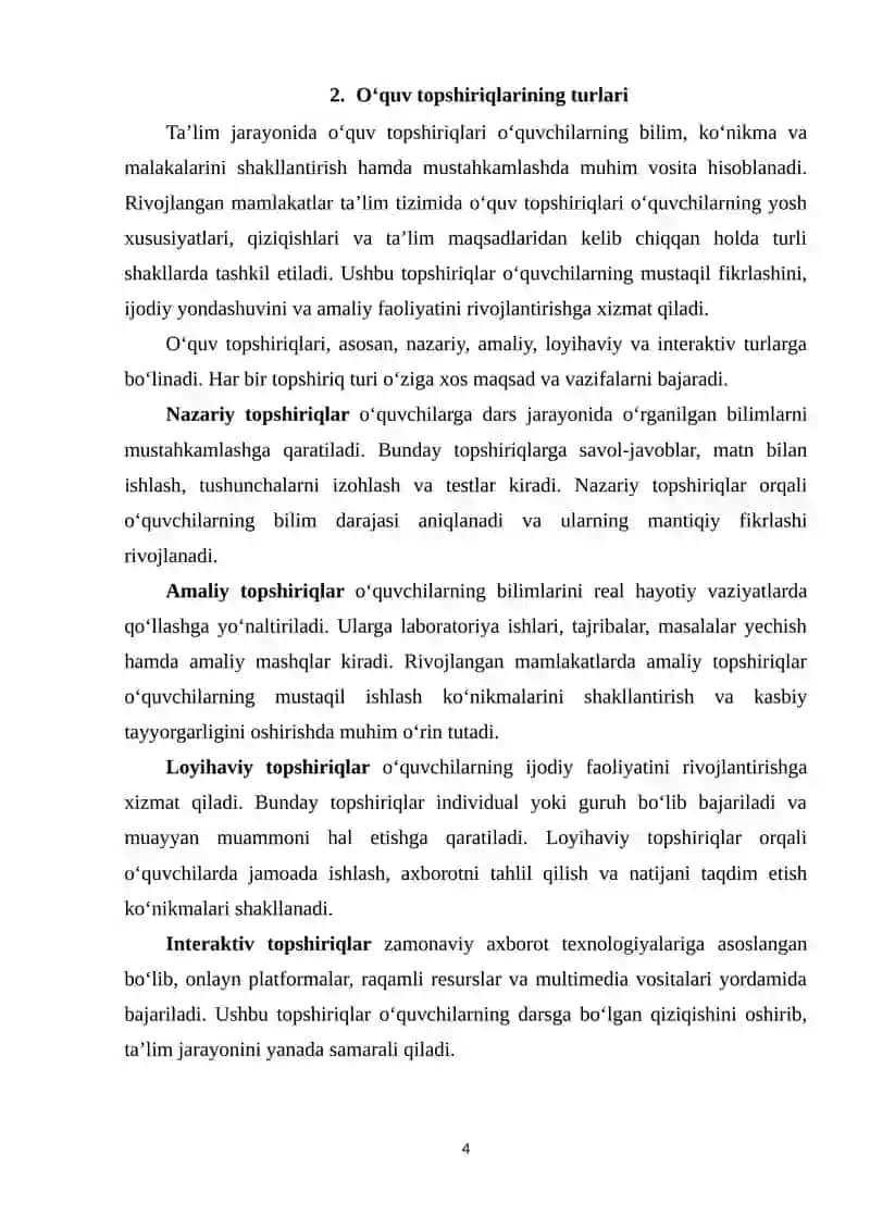 Rivojlangan mamlakatlarda oʻquv topshiriqlariga beriladigan e’tibor va ularning turlari 4