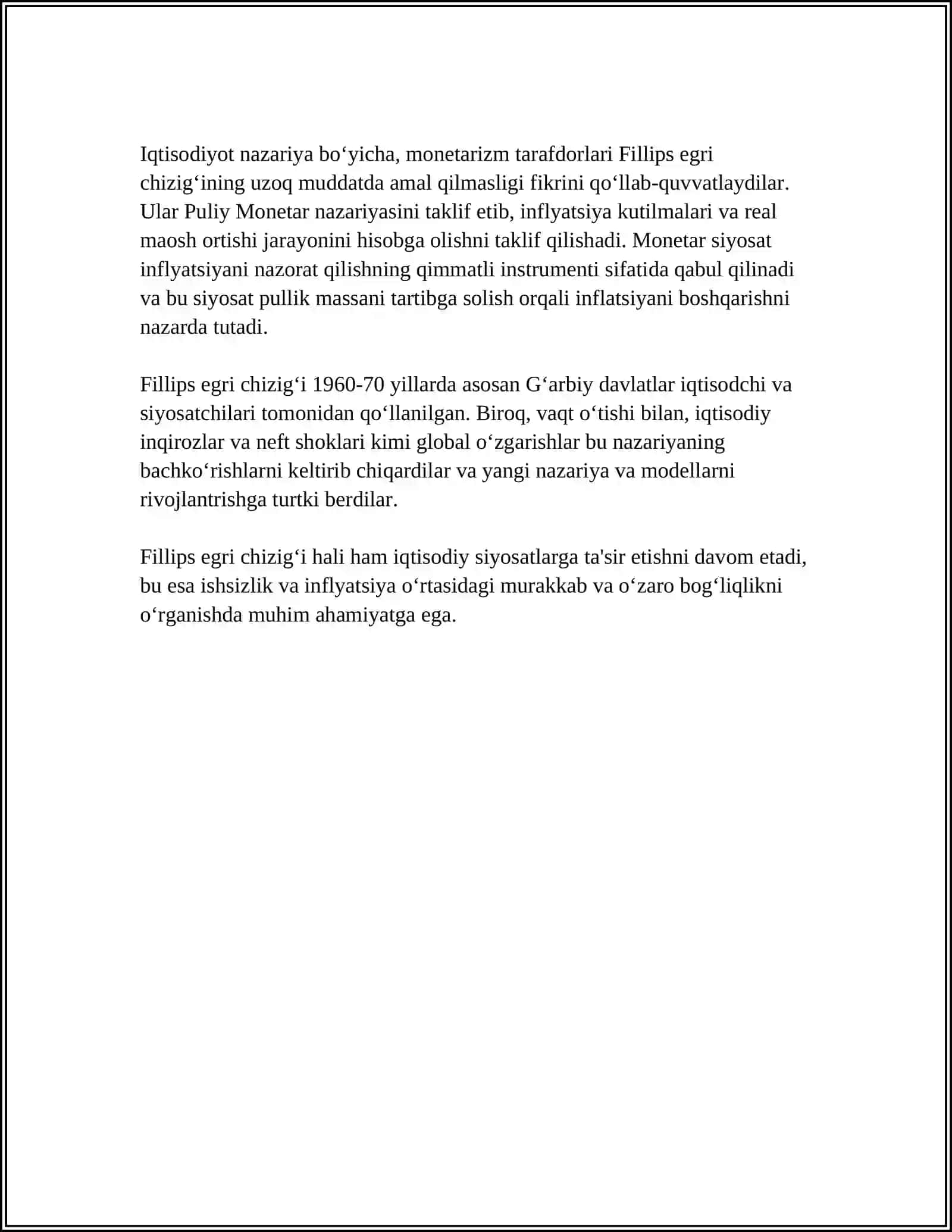 FILLIPS EGRI CHIZIG’I. ISHSIZLIK VA INFLYATSIYAO’RTASIDAGI QISQA DAVRDAGI VA UZOQ DAVRDAGIALOQADORLIK 4
