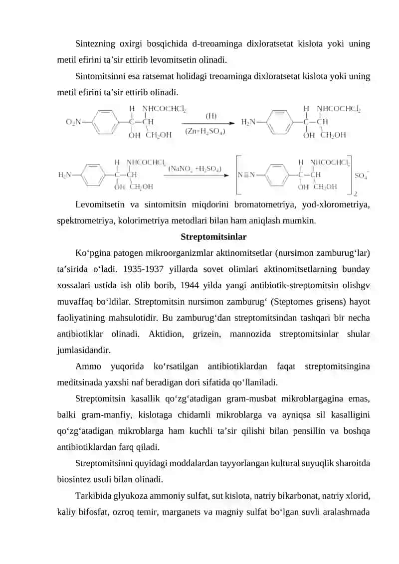 Levomitsetin va streptomitsitinlar olinishi tuzilishi va xossalari 4