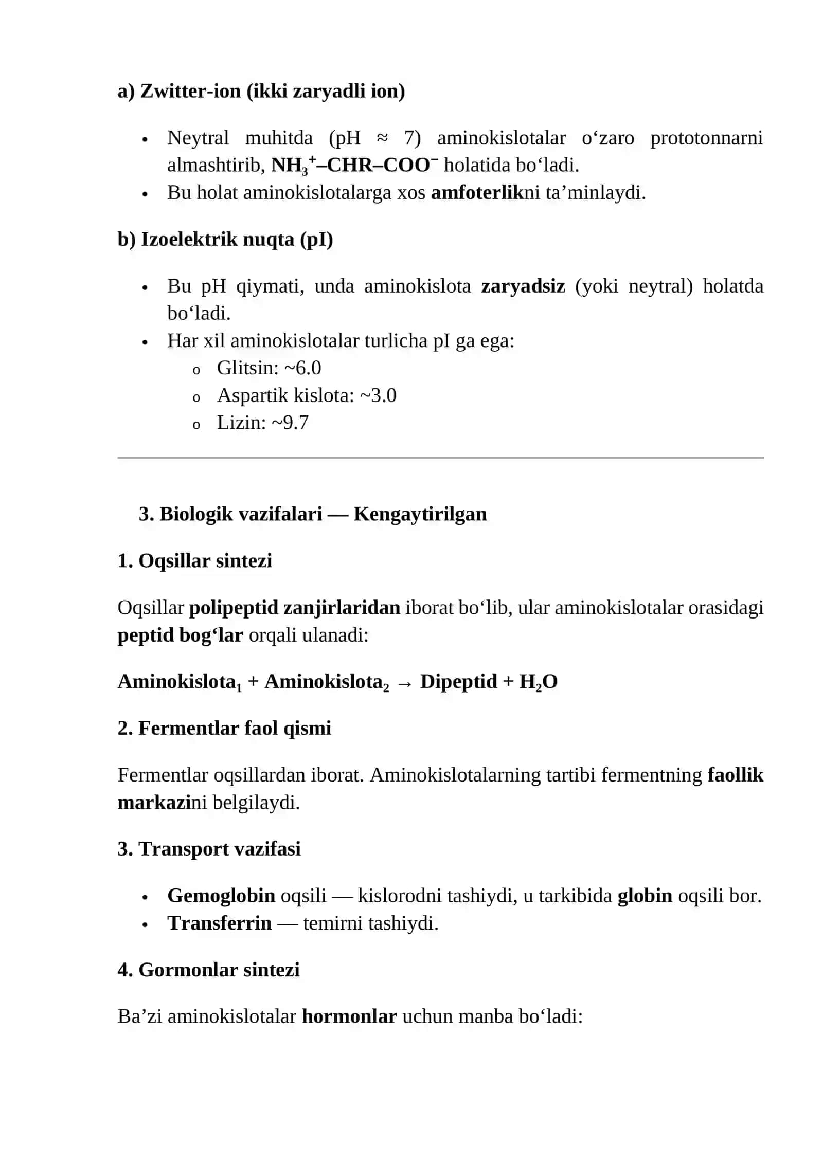 Aminokislotalar tuzulishi, xossalari va biologik vazifalari 4