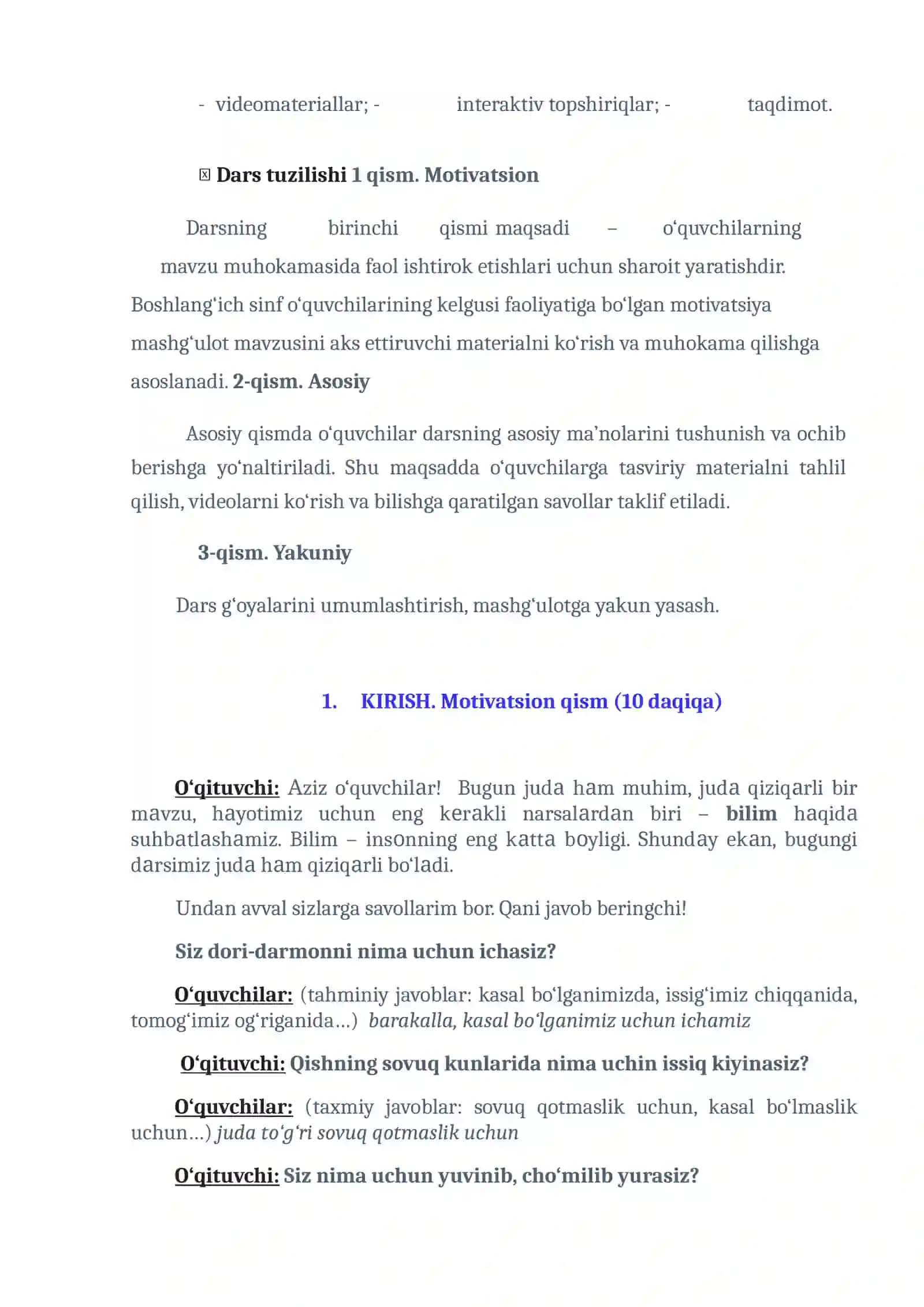 Darsining 1-4 sinflar uchun mashg‘ulot ssenariysi:  2-mаvzu: “Bilim nimа uchun kеrаk?” 4