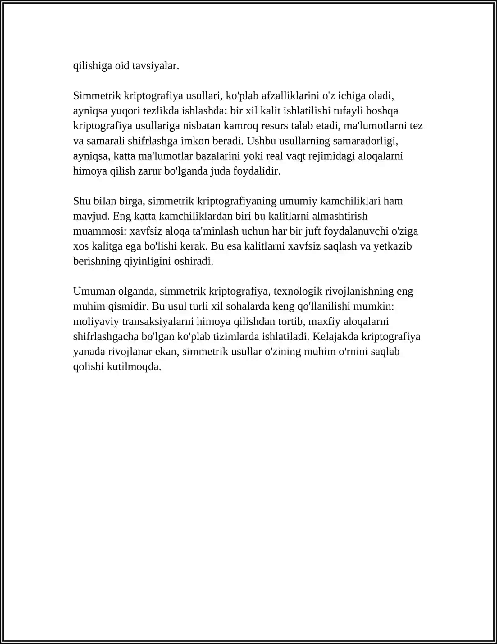 SIMMETRIK VA ASSIMETRIK KRIPTOGRAFIYA O'RTASIDAGI FARQLAR VA ULARNING QO'LLANILISH SOHALARI 4