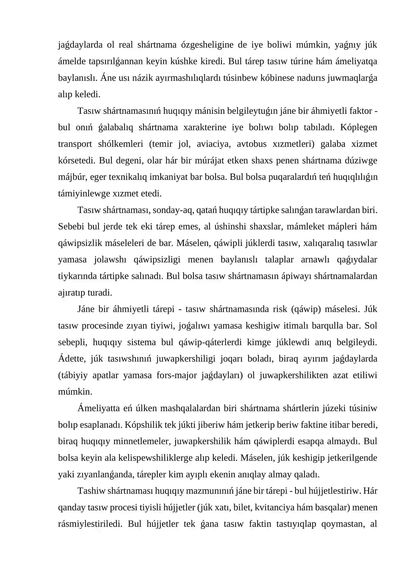 Tasıw shártnaması túsinigi, predmeti hám túrleri 4