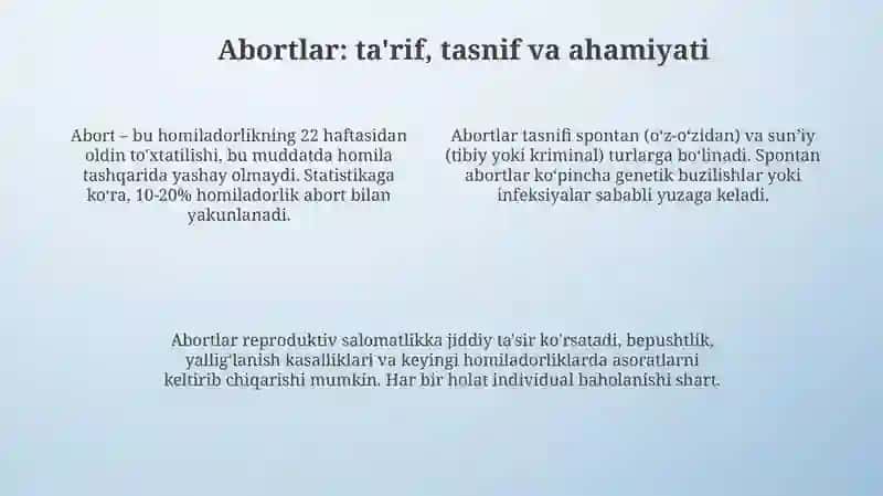 Homiladorlik I yarmida qon ketishlar. Abortlar. Bachadondan tashqari homiladorlik, yelbug‘ozi 4