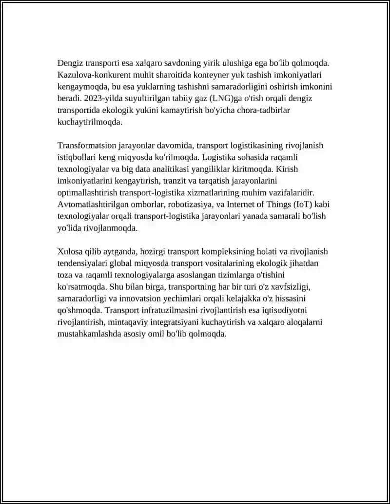 TRANSPORT KOMPLEKSI. TRANSPORT LOGISTIKASINI RIVOJLANTIRISH ISTIQBOLLARI 4