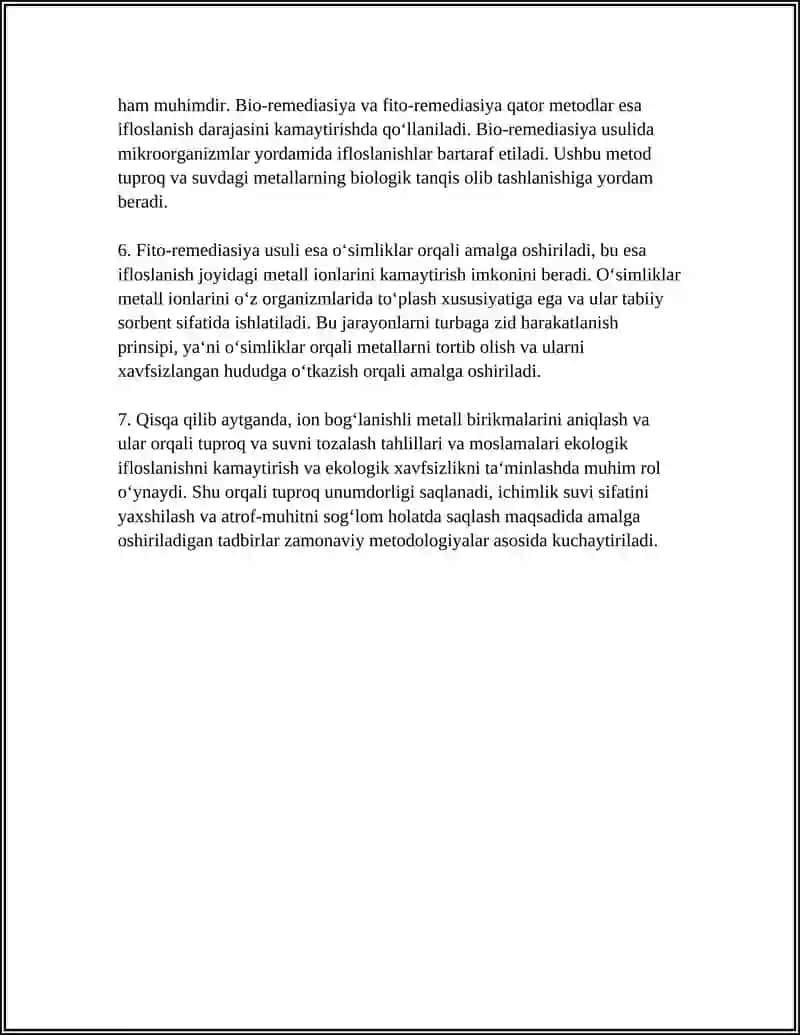 TUPROQ, SUVNING IFLOSLANISHIDA ION BOG‘LANISHLI BIRIKMALARNI ANIQLAB ULARDAN TOZALASH G‘OYASINI ISHLAB CHIQISH 4