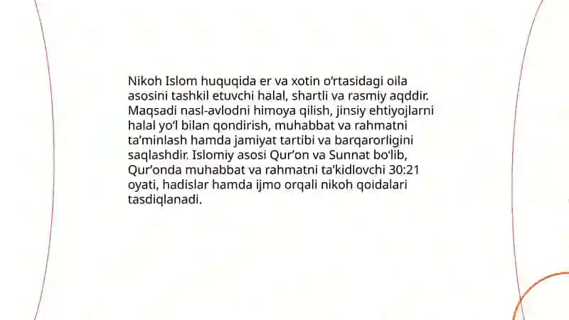 Islom huquqshunosligida oila, nikoh, taloq, idda, zihor tushunchalarini taʼriflash 4