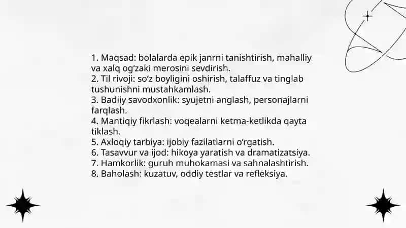 Boshlangʻich sinfda epik asarlar ustida ishlash uchun metodik tavsiyalar ishlab chiqish (1-2-sinflar kesimida) 4