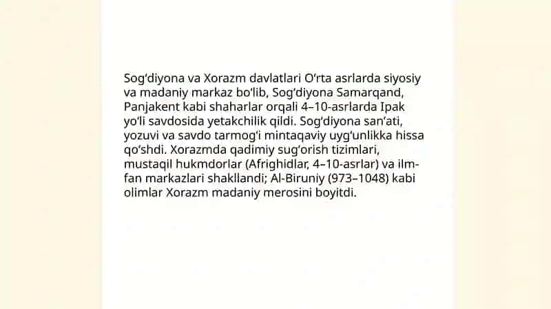 Oʻrta Osiyo qadimiy davlatlari va O’zbekiston hududida davlatchilikning ildizlari 4
