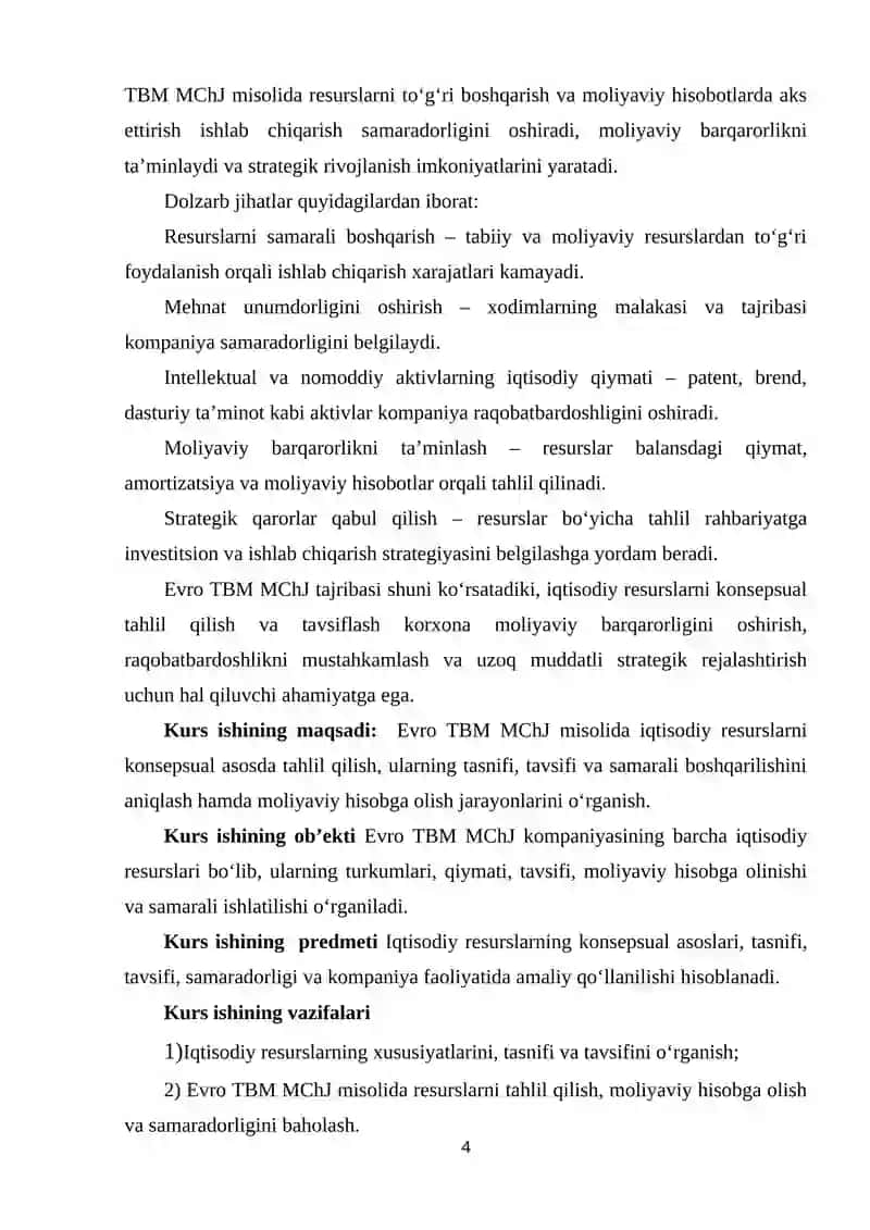 NOMODDIY AKTIVLARNI TAN OLISH TUGATILISHI VA MOLIYAVIY HISOBOTI (Evro TBM MCHJ) MISOLIDA 4
