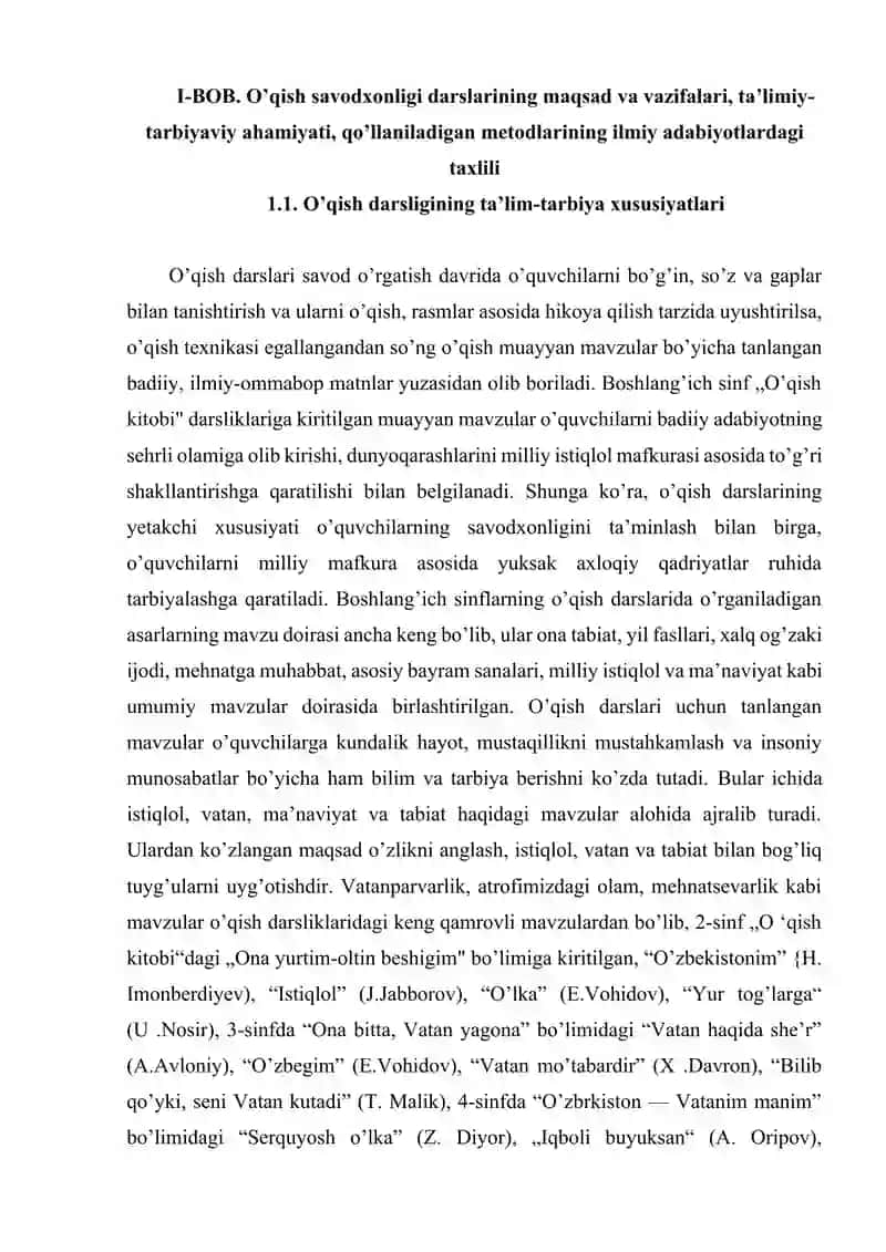 O’qish savodxonligi darslarining maqsad va vazifalari, ta’limiy-tarbiyaviy ahamiyati, qo’llaniladigan metodlar 4