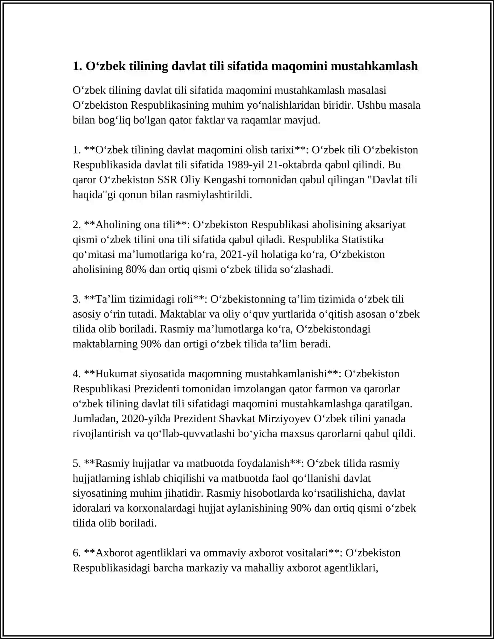 Mavzu: OʻZBEKISTON RESPUBLIKASI PREZIDENTINING " MAMLAKATIMIZDA ÔZBEK TILINI YANADA RIVOJLANTIRISH VA TIL SIYOSATINI TAKOMILLASHTIRISH CHORA TADBIRI TOʻGʻRISIDA"GI FARMONINING MAZMUN MOHIYATI 4