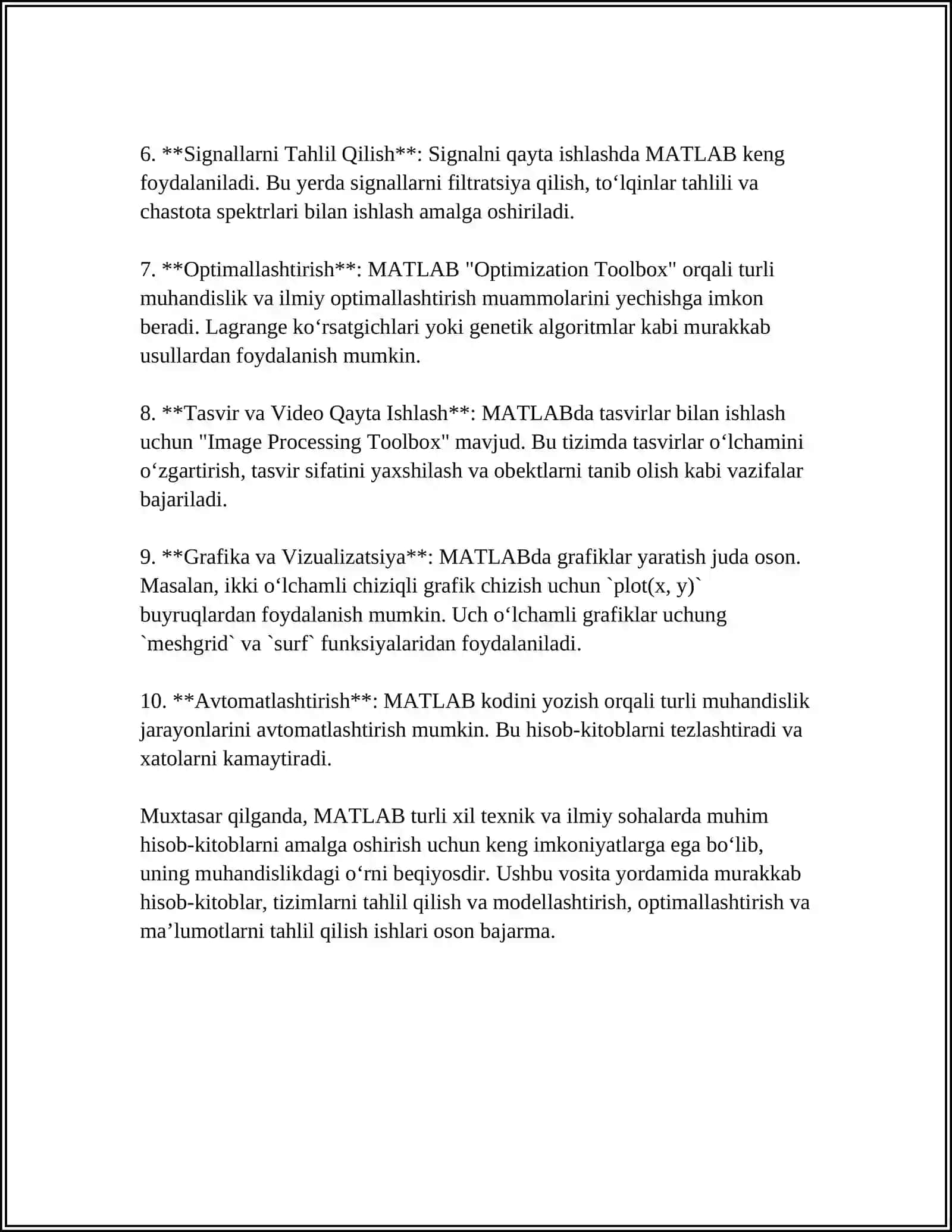 MATLAB DASTURINI TEXNIK SOHALARDA QOʻLLASH 4