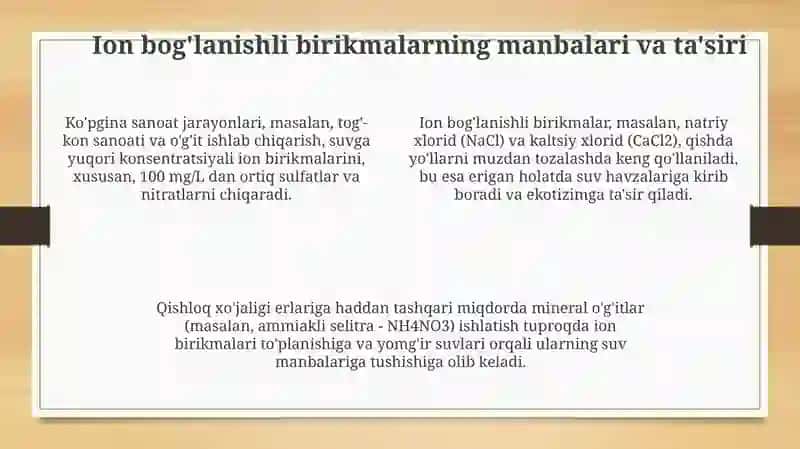 Suvning ifloslanishi va ion bog'lanishli birikmalarni aniqlash usullari 4