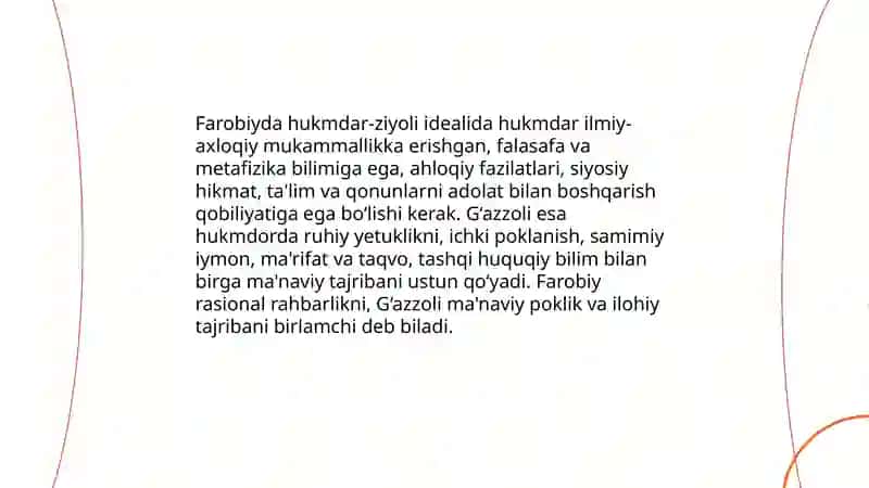 Abu Nasr Forobiy va Gʻazzoliyning falsafa ilmiga oid qarashlarini qiyosiy tahlil etish (Farobiyning "siyosat falsafasi"va Gʻazzoliyning "Kimyo saodat" asarlari asosida) 4