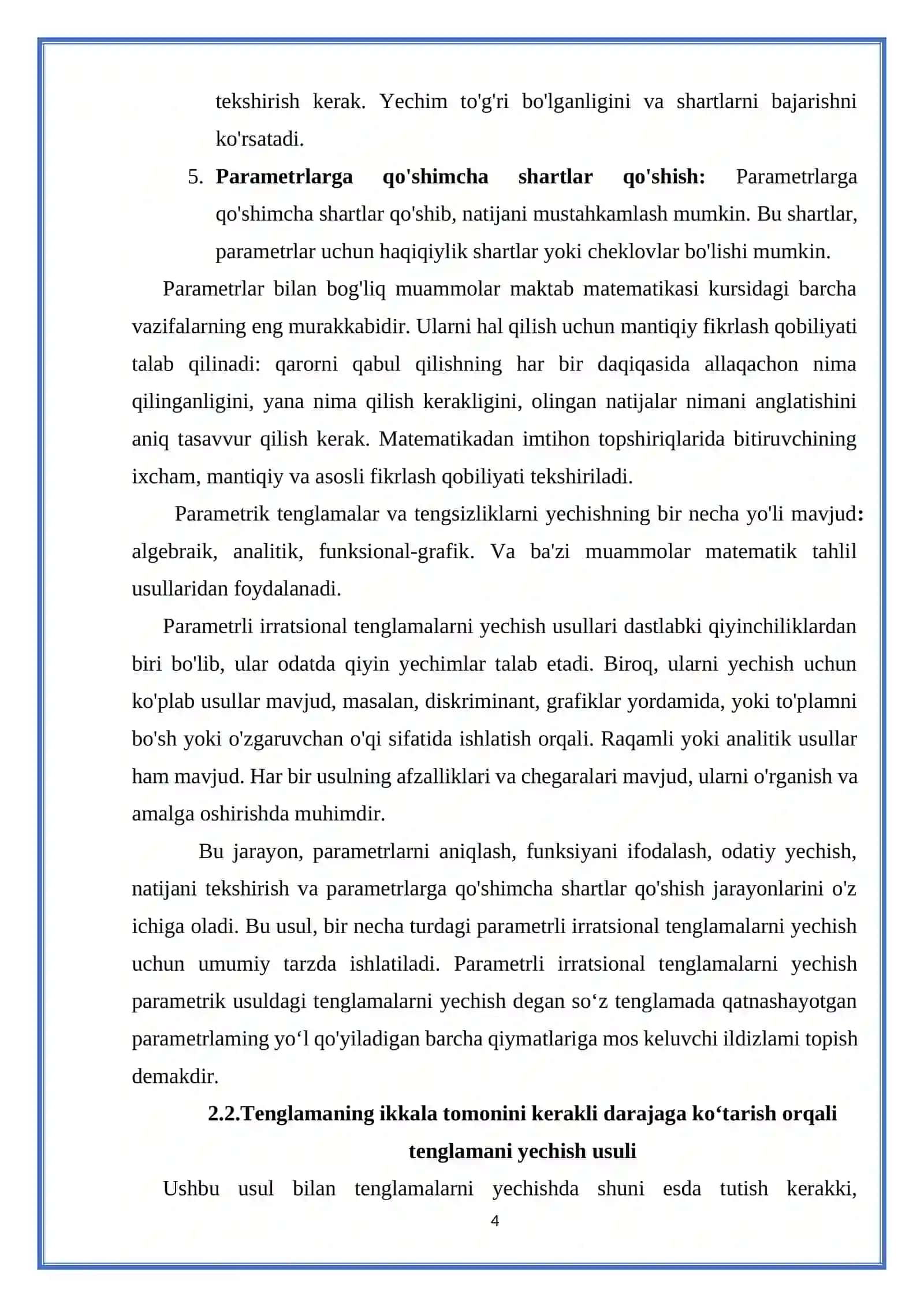 Parametrli irratsional tenglamalar va ularni yechish usullari 4