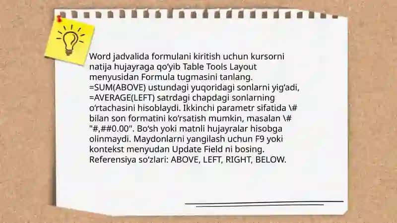 Word matn taxrirlagichida hisoblash ishlarni bajarish 4