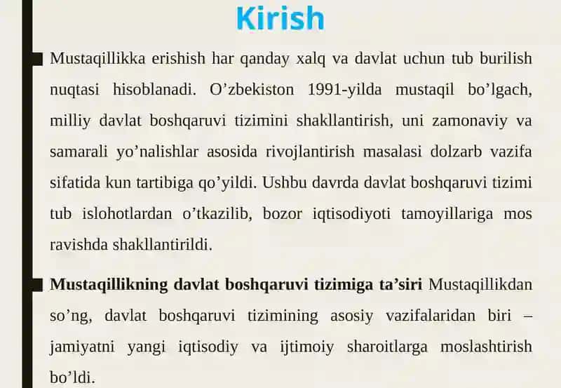 MUSTAQILLIK YILLARIDA DAVLAT BOSHQARUVI TIZIMIDA AMALGA OSHIRILGAN ISLOHOTLAR 4