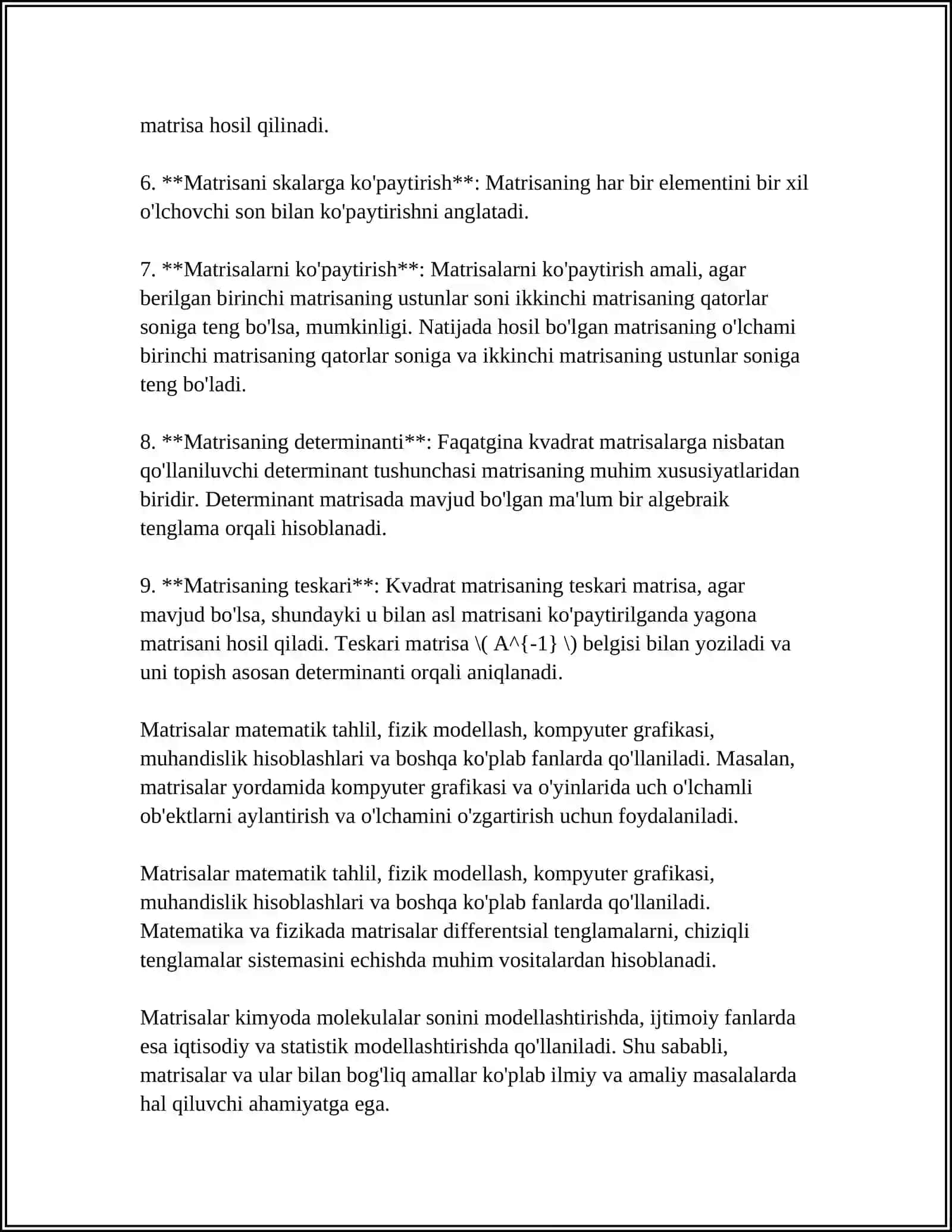 MATRILSALAR:ASOSIY TUSHUNCHASI VA TA'RIFLAR.MATRITSAL USTIDAN AMALLAR 4