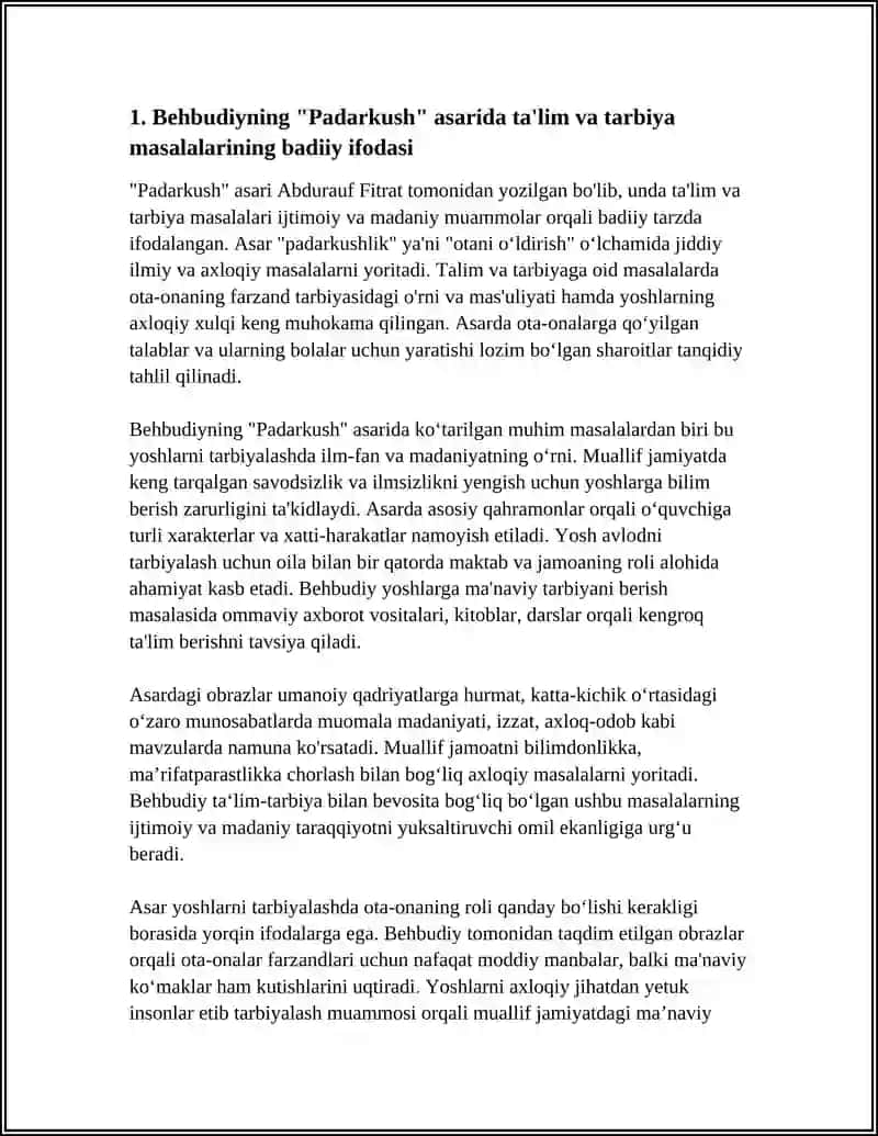 BEHBUDIY—"PADARKUSH"ASARI; AVLONIYNING "TURKIY GULISTON" YOHUD "AHLOQ" ASARI HAMDA MUNAVVARQORI ABDURASHIDXONOV VA ABDULLA QODIRIY, CHO'LPONNING TA'LIM TARBIYAGA OID MASALALARI 4
