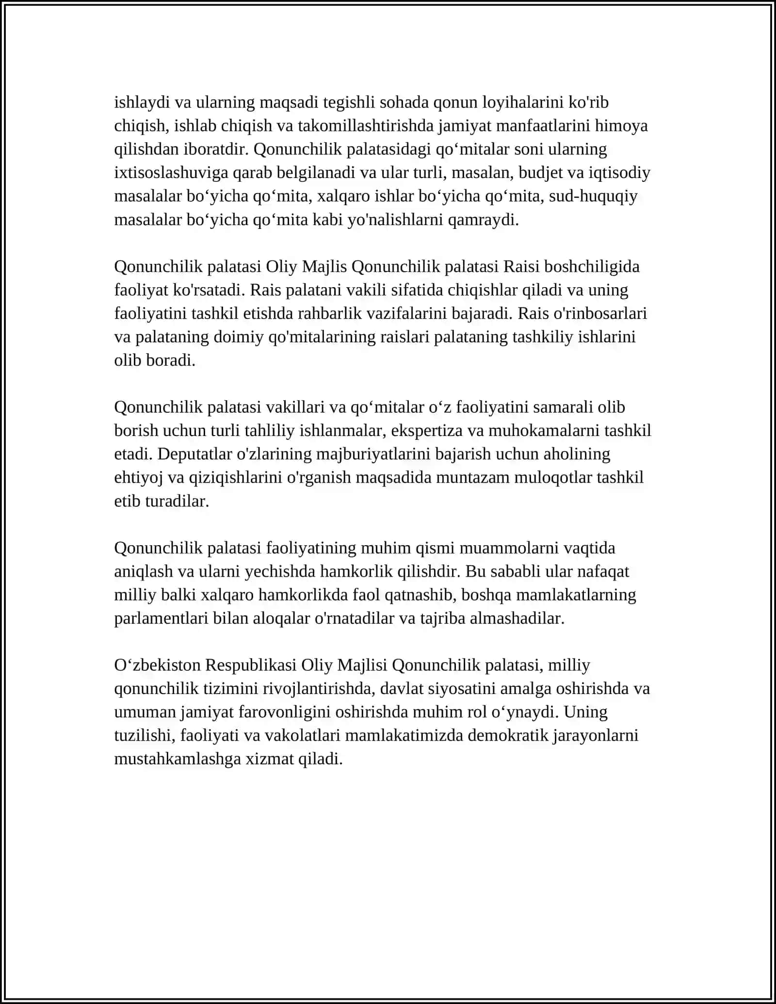 Oʻzbekiston RESPUBLIKASI OLIY MAJLISI QONUNCHILIK PALATASI 2024-2025-o'quv yili 4