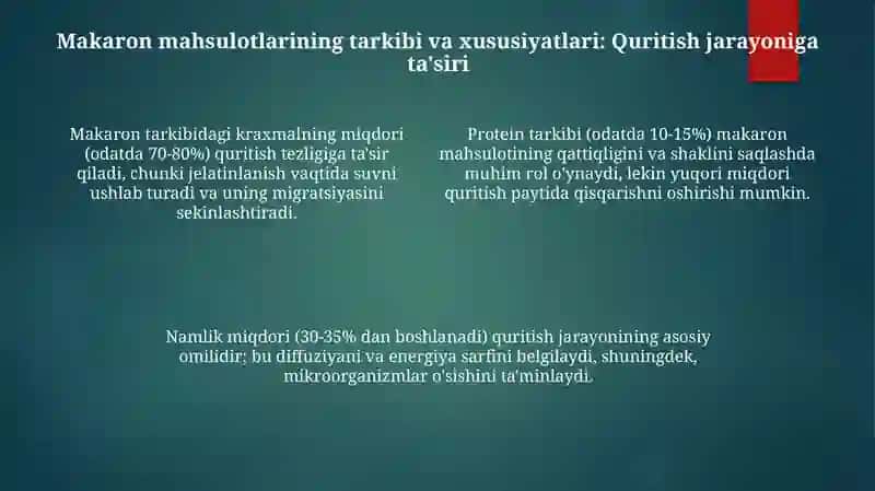 Nam makaron mahsulotlarini konvektiv quritish rejimlari 4