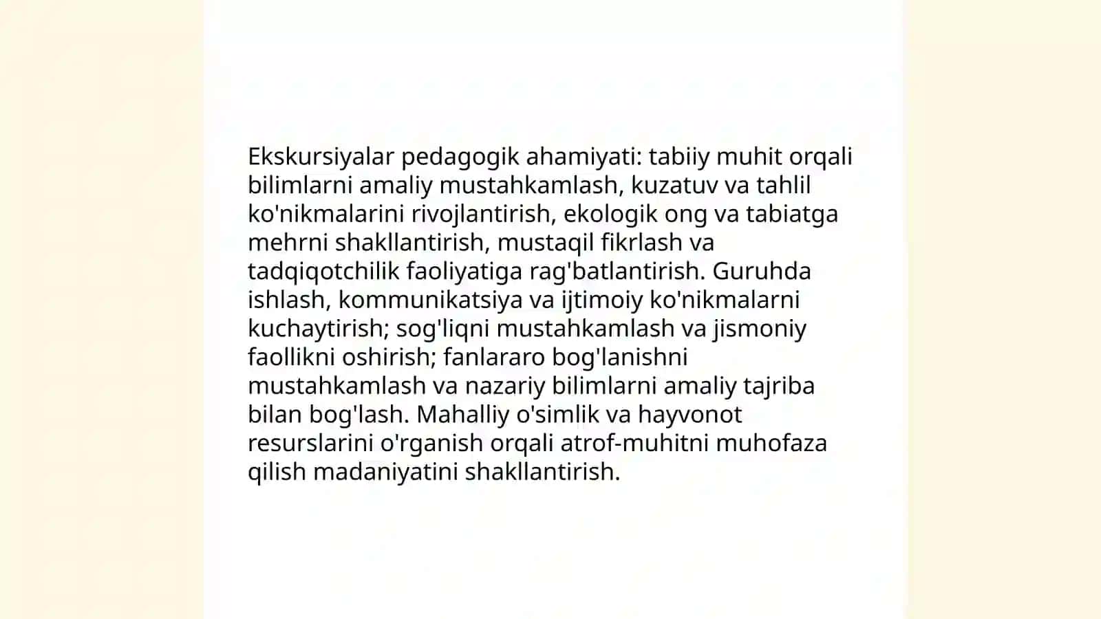 Bolalarni ôlkamiz tabiati ôsimlik va hayvonot olami bilan tanishtirish,tabiat qôynida ôtkaziladigan ekskursiyaning turlari va ahamiyati 4