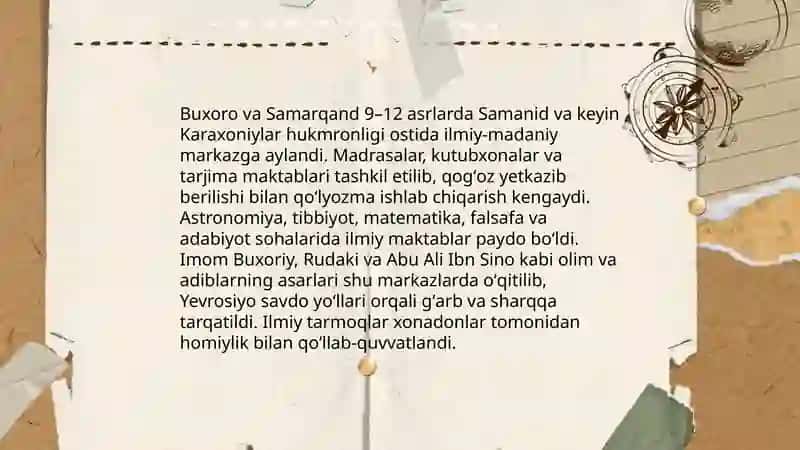 9-12 asrlarda mamlakatimiz hududida roʻy bergan madaniy uygʻonish (Renessasans) Buyuk allomalarimizning jahon sivilizatsiyasiga qoʻshgan hissasi 4