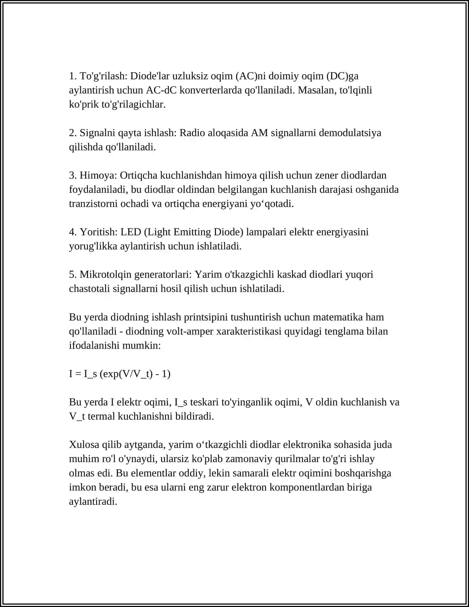 YARIM OʻTKAZGICHLI DIODNING VOLT AMPERMETR XARAKTERISTIKASINI TADQIQOT QILISH 4