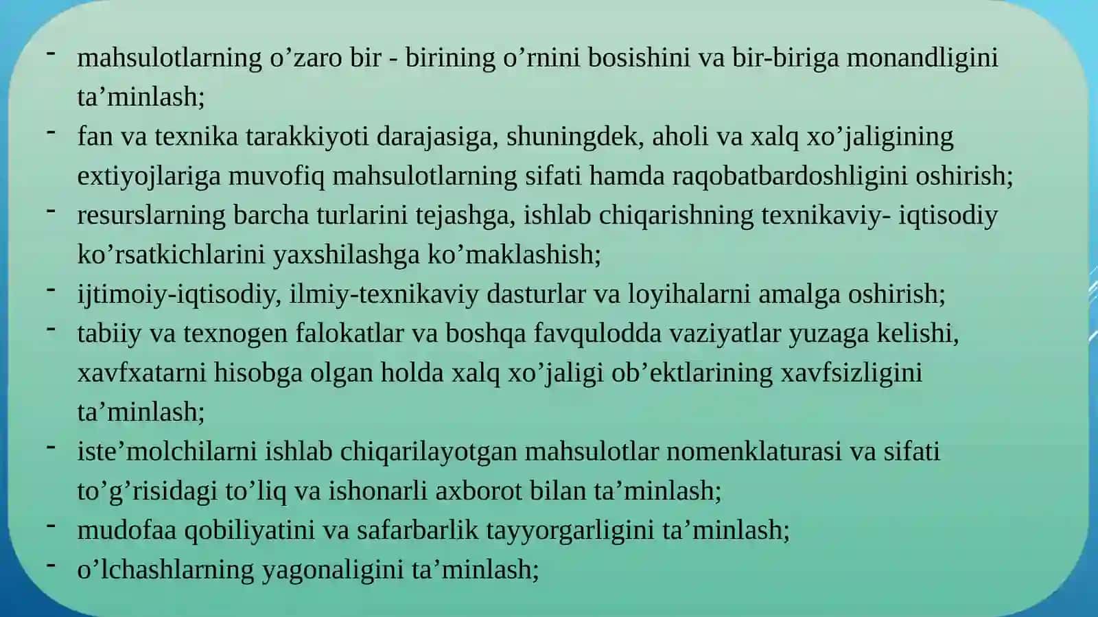 DORIVOR O‘SIMLIKLARNI STANDARTLASHTIRISH, METROLOGIYA VA SERTIFIKATLASH FANIDAN MARUZA MASHG’ULOTLARI 4