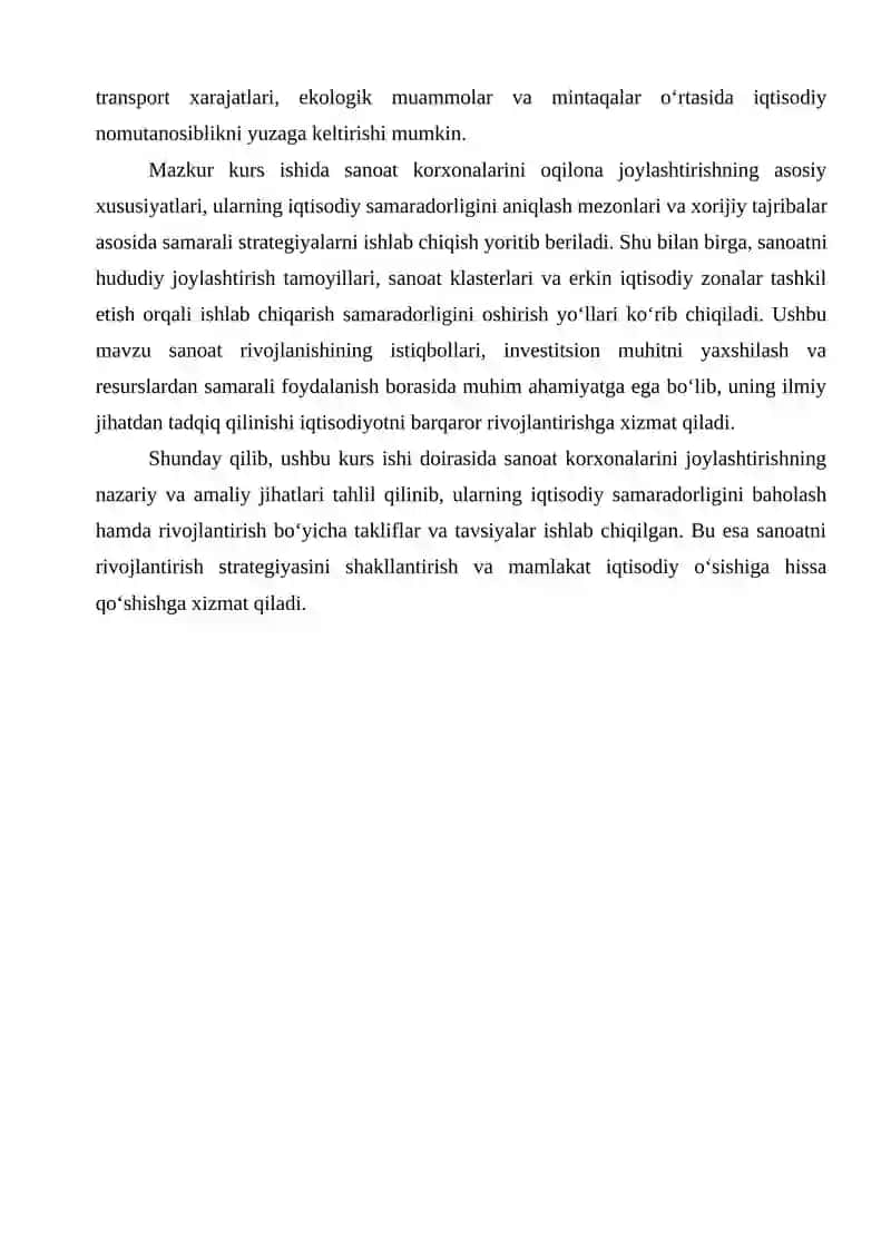 “Sanoat korxonalarini oqilona joylashtirishning o‘ziga xos xususiyatlari va iqtisodiy samaradorligini aniqlash” mavzusida ilmiy ish 4