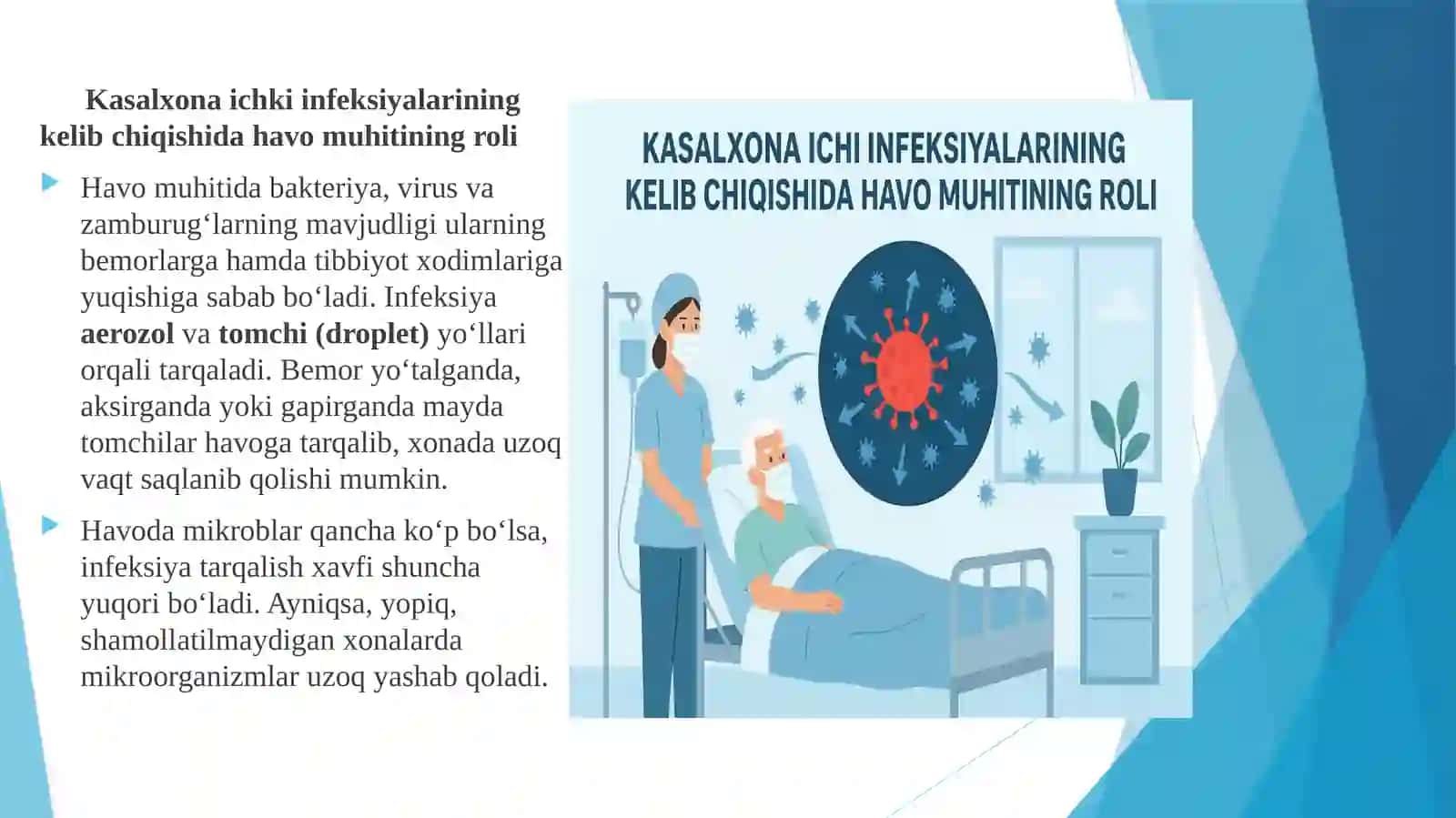 Kasalxona ichki infeksiyalarini kelib chiqishi uchun havo muhitining bakteriologik ifloslanganligini 4