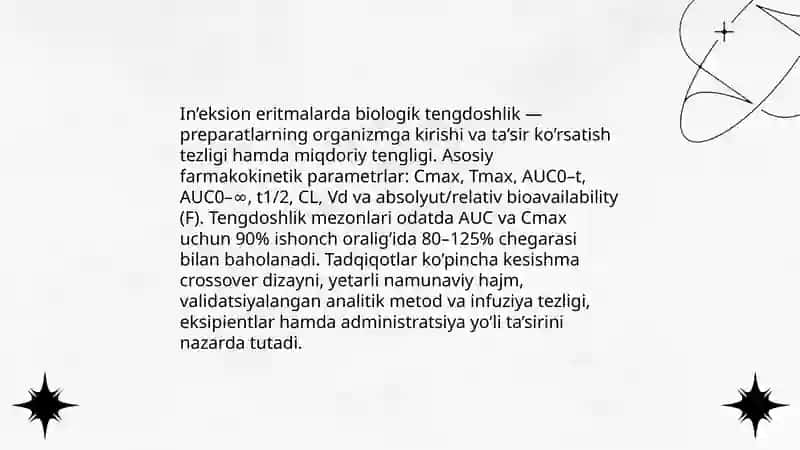 Farmatsevtik va in’eksion eritmalarning biosamaradorligi va unga ta’sir qiluvchi omillar 4