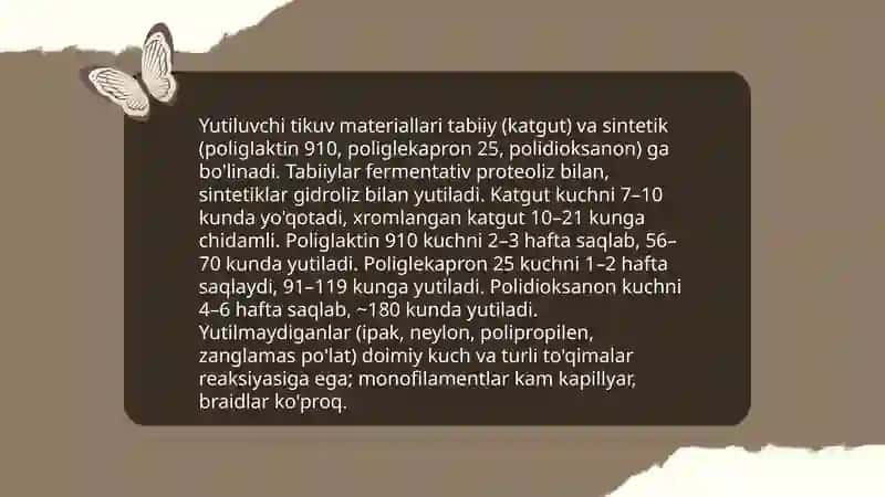 Zamonaviy tikuv materiallari. Sterilizatsiya oldi tayyorgarligi va sterilizatsiya sifatini aniqlash usullari 4