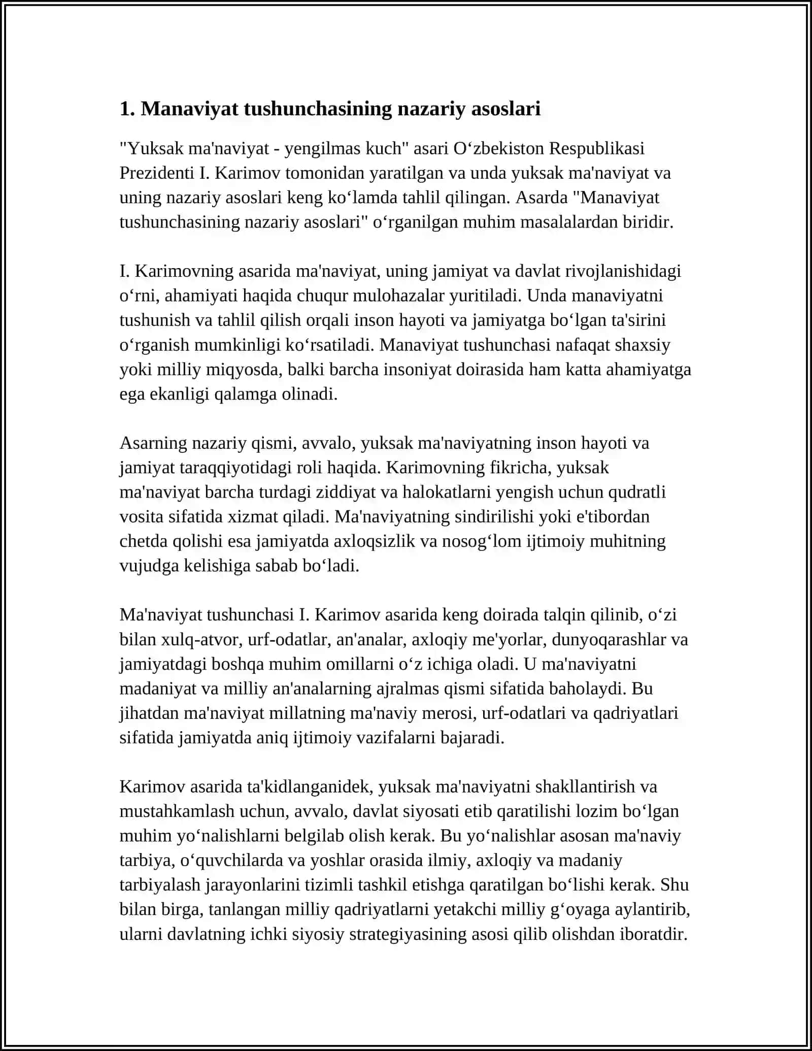 O’ZBEKISTON RESPUBLIKASI PREZIDENTI I.KARIMOVNING YUKSAK MANAVIYAT-YENGILMAS KUCH ASARIDAGI NAZARIY KANSEPTUAL MASALALARI 4