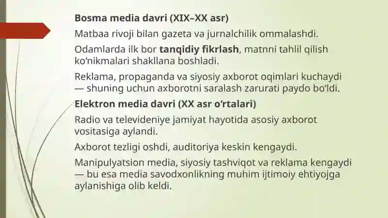 MEDIA SAVODXONLIK VA AXBOROT EVOLUTSIYASI VA UNING JAMIYATDAGI AHAMIYATI 4