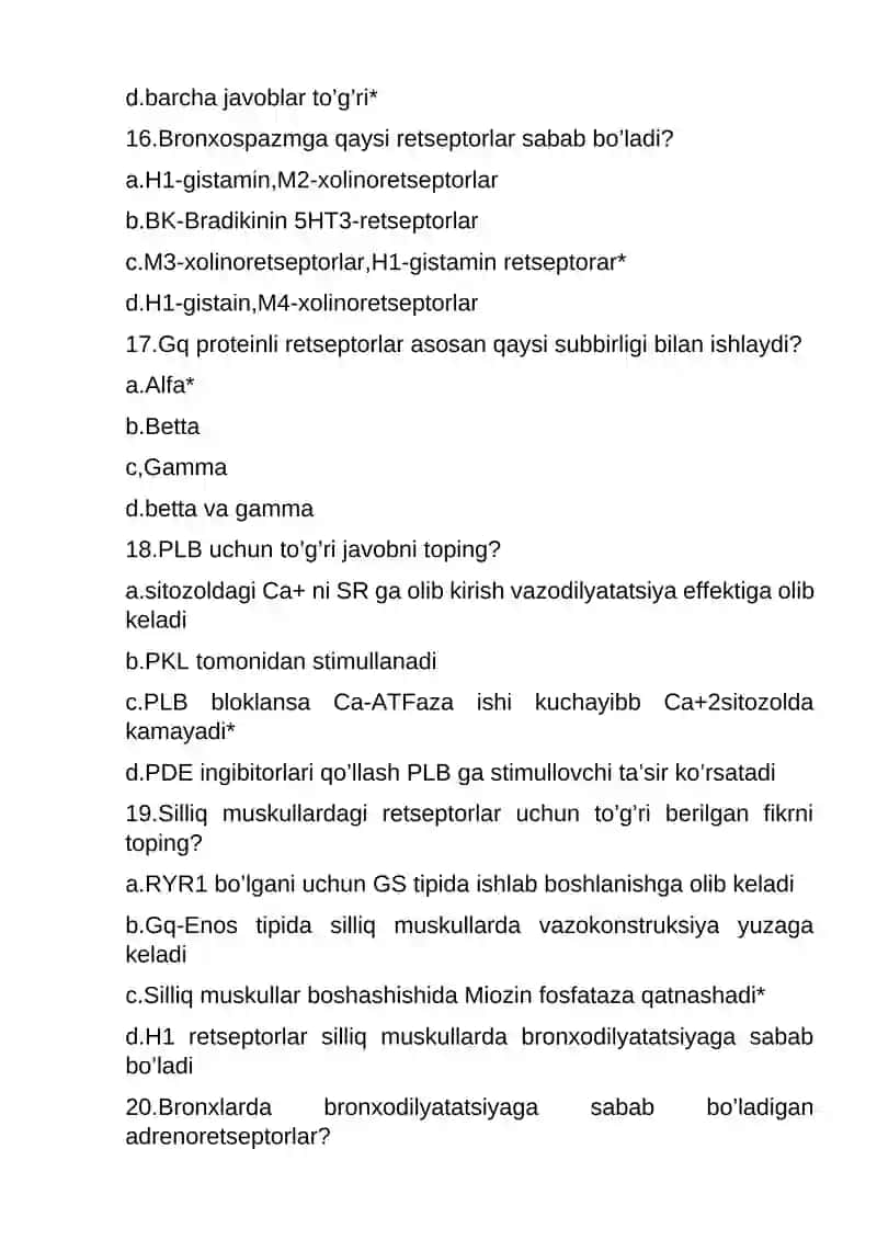 Farmakalogiya fanidan testlar to'plami ,javoblari bilan burgalikda tuzilgan 4