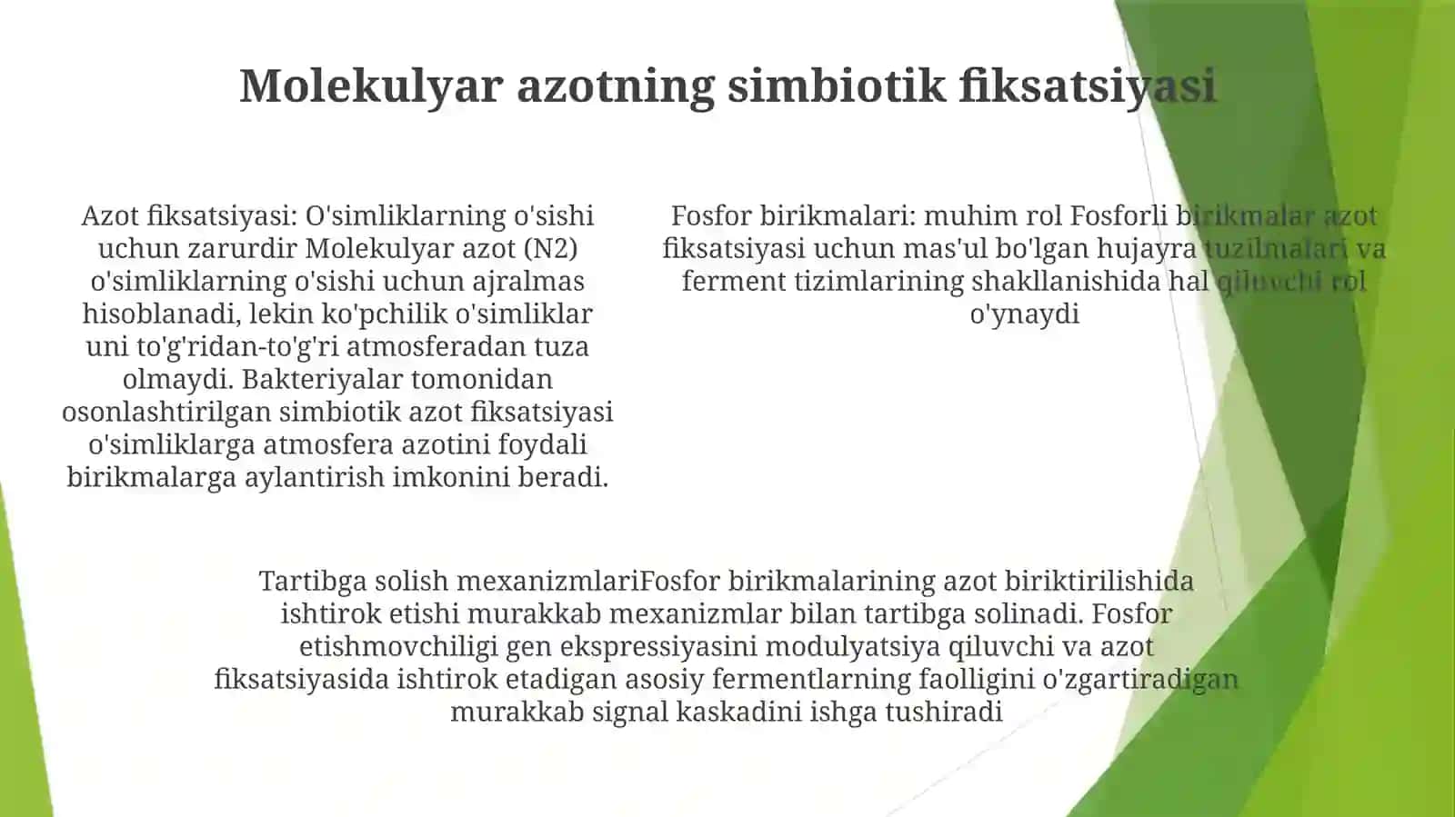 Ionlarning Passiv Va Faol Tashiluvi Molekulyar Azotning Simbiotik Fiksatsiyasi Hujayra Strukturalari Va Fermentlar Tizimining Hosil Bo`Lishida FosforliBirikmalarningIshtiroki 4