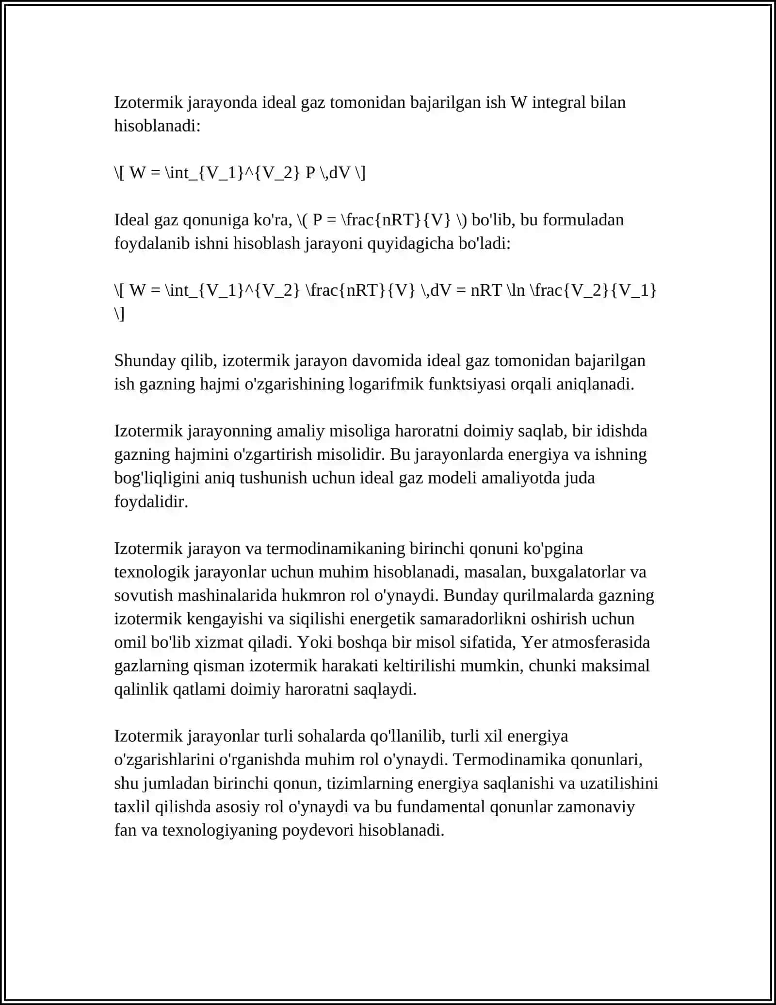 IZOTERMIK, IZOBARIK VA IZOXORIK JARAYONLAR UCHUN TERMODINAMIKA BIRINCHI QONUNINING IFODASI 4