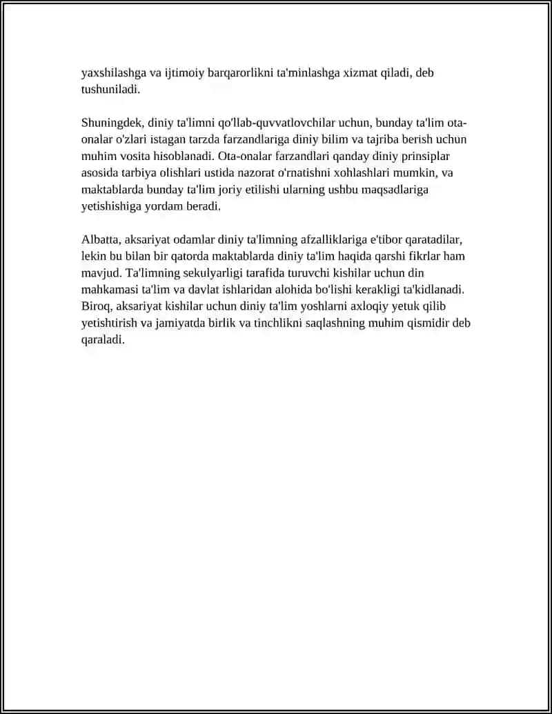 AKSARIYAT KISHILAR MAKTABDA DINIY TAʼLIMNI JORIY ETISH TARAFDORI 4