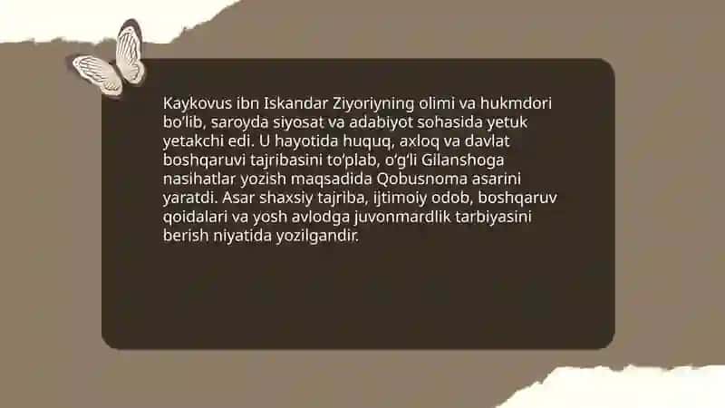 Kaykovusning qobusnoma asari. Juvonmardlik tarbiyasi tahlili 4