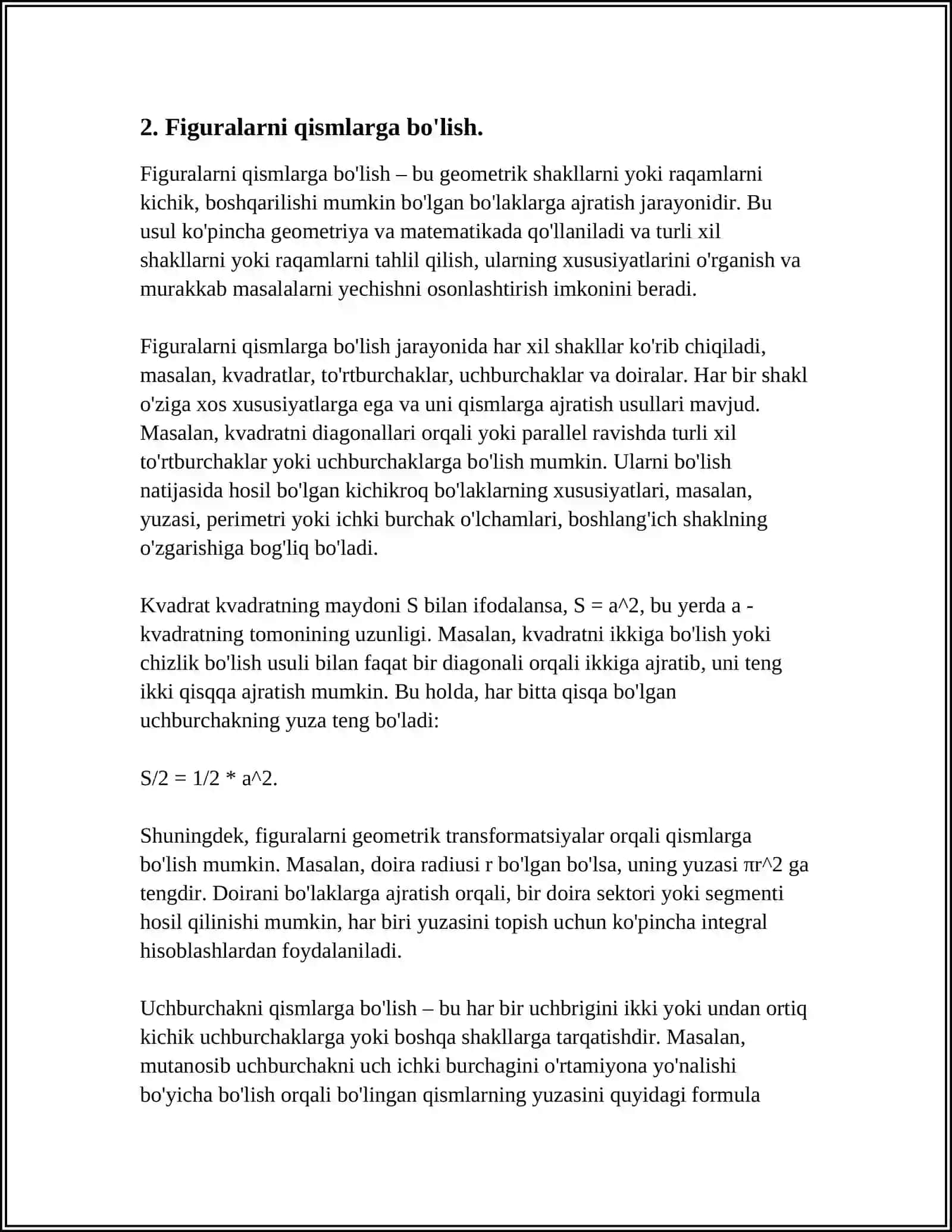 FIGURALARNI FARQLAY OLISH,QISMLARGA BO'LISH,QISMLARDAN FIGURALAR HOSIL QILISH,KO'PBURCHAKLAR PERIMETRI HAMDA YUZASINI HISOBLASH,PERIMETR VA YUZA O'LCHOV BIRLIKLARI VA ULAR ORASIDAGI BOG'LANISHGA DOIR MASALALAR YECHISH 4