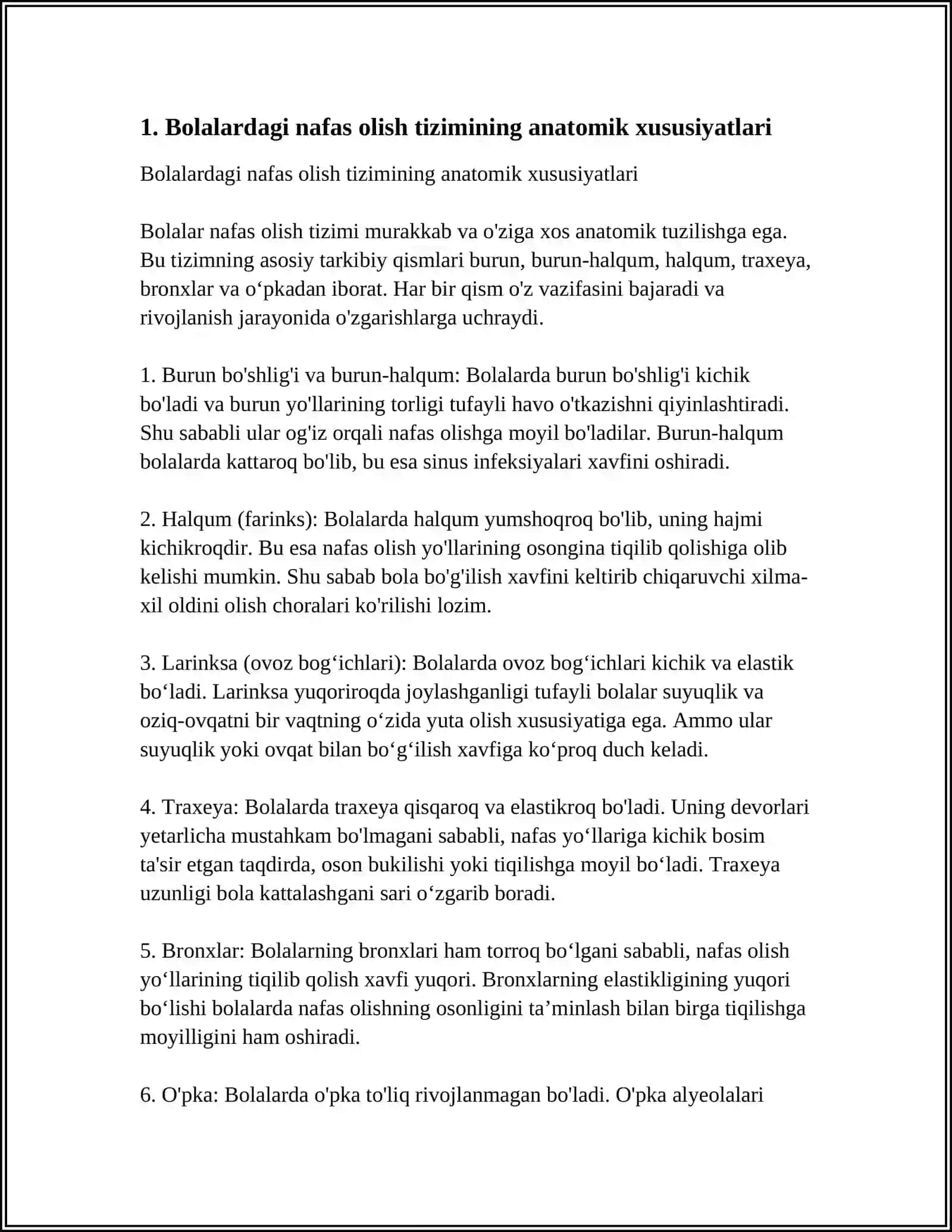 BOLALARDA NAFAS OLISH YURAK QON TOMIR OVQAT HAZM QILISH TIZIMINING ANATOMIK FIZIOLOGIK XUSUSIYATLARI 4
