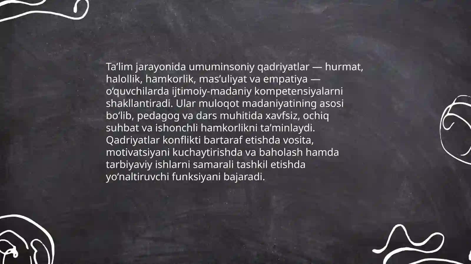 Oʻqituvchi faoliyatida muloqot madaniyati va psixologiyasi.Muloqotni tashkil etishda umuminsoniy qadriyatlarning ustuvorligi 4