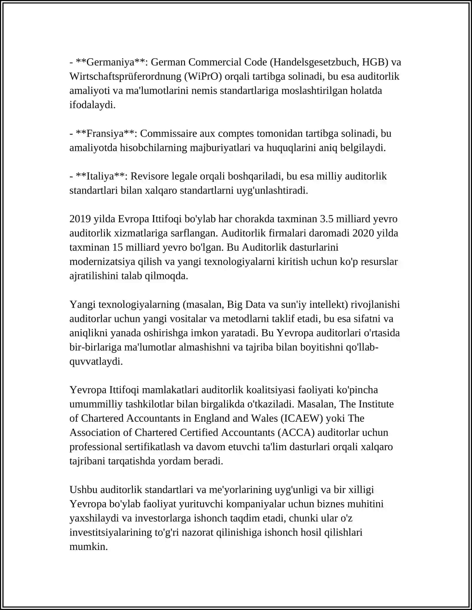 YEVROPA MAMLAKATLARIDA AUDITORLIK FAOLIYATINI O’RGANISH TAJRIBASI 4